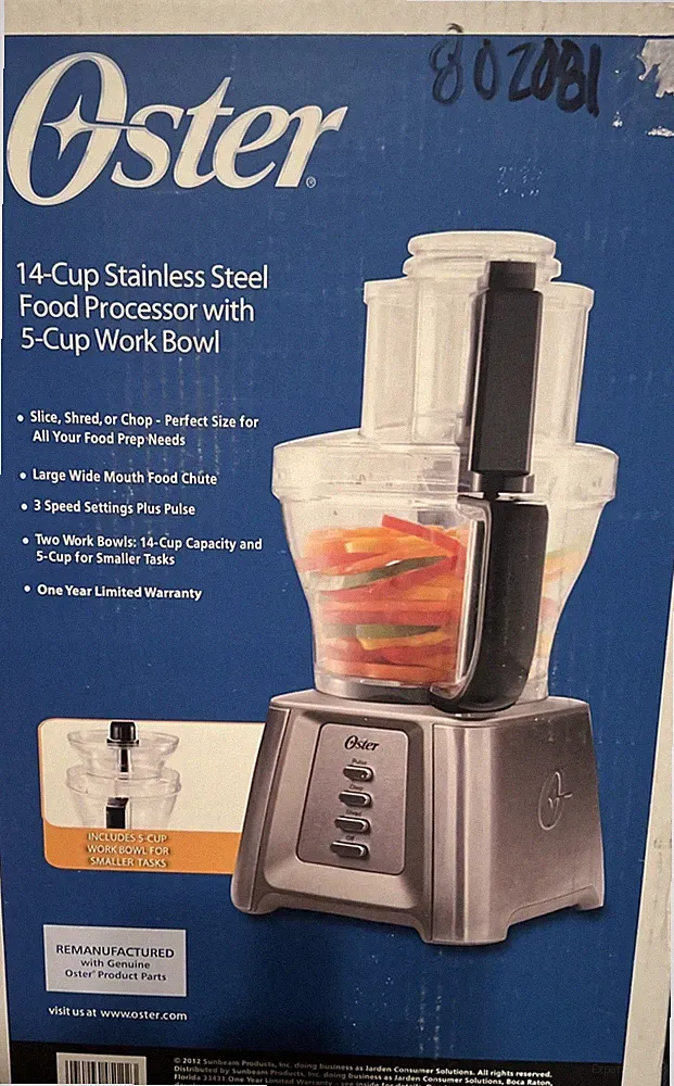 Oster 14 Cup Stainless Steel Food Processor W/ 5 Cup Work Bowl Tested