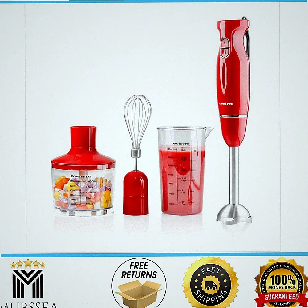 OVENTE HS565R 2-Speed Hand Blender Set – Red, Whisk, Beaker, Chopper