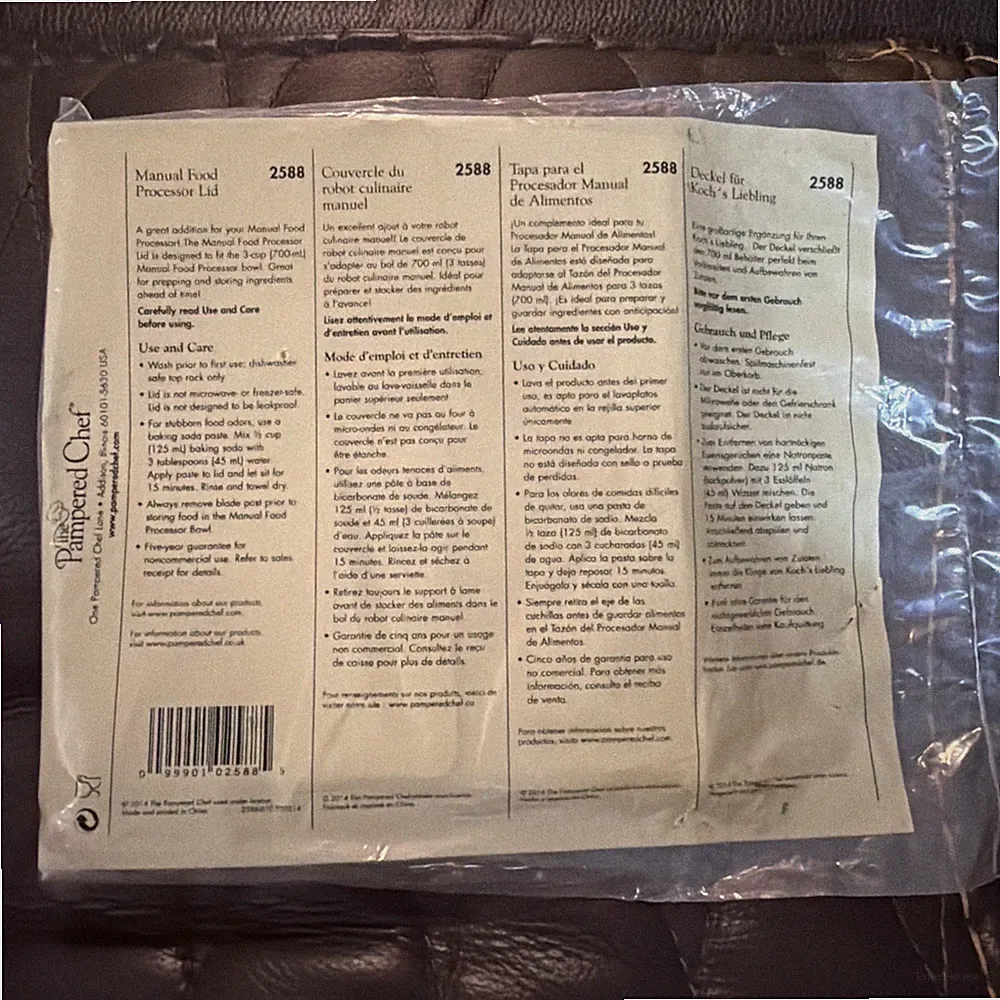 Pampered Chef Manual Food Processor Lid 2588 White Color New In Plastic!