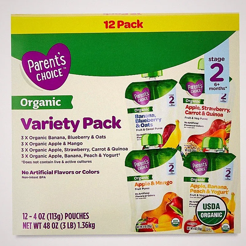 Parent's Choice Organic Variety Pack Baby Food, Stage 2, 4 oz Pouches, 12 Count
