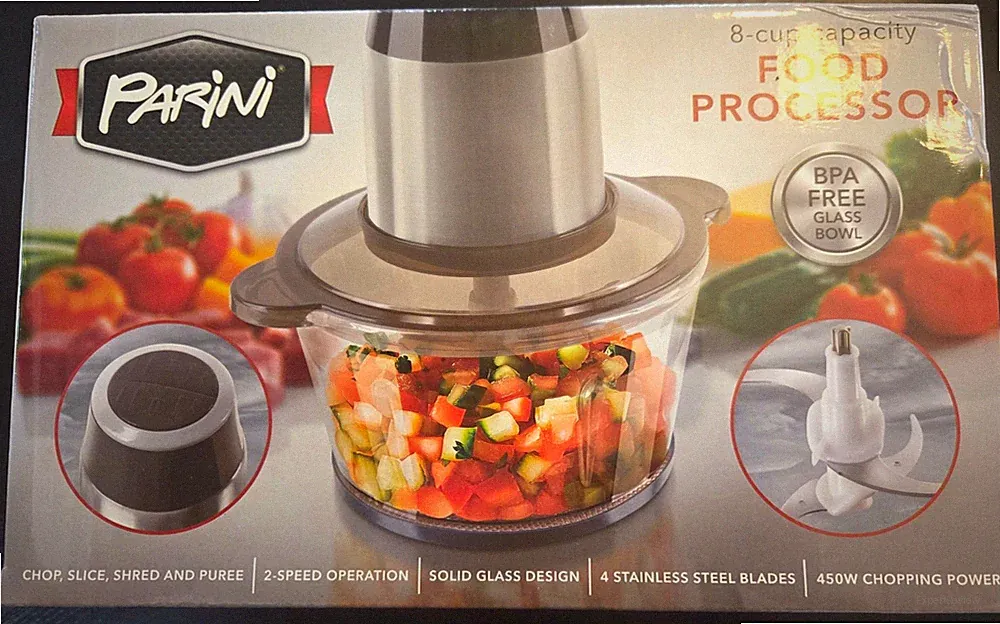 Parini 8-Cup Food Processor 450W Glass Bowl 2-Speed 4-Blade BPA-Free Pulse.