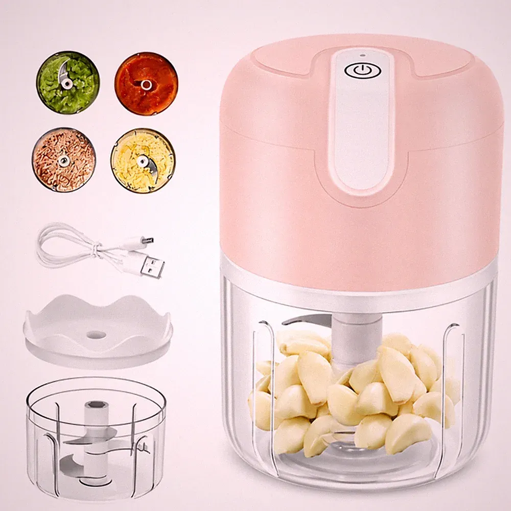 Pink 250ML Electric Mini Food Processor & Garlic Chopper with 3 Stainless Steel