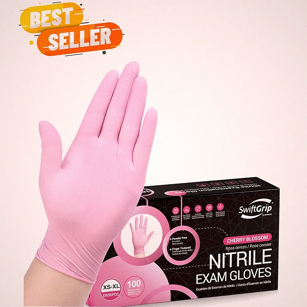 Pink Nitrile Gloves, 3-mil, Industrial Gloves Disposable Latex Free, for Clea...