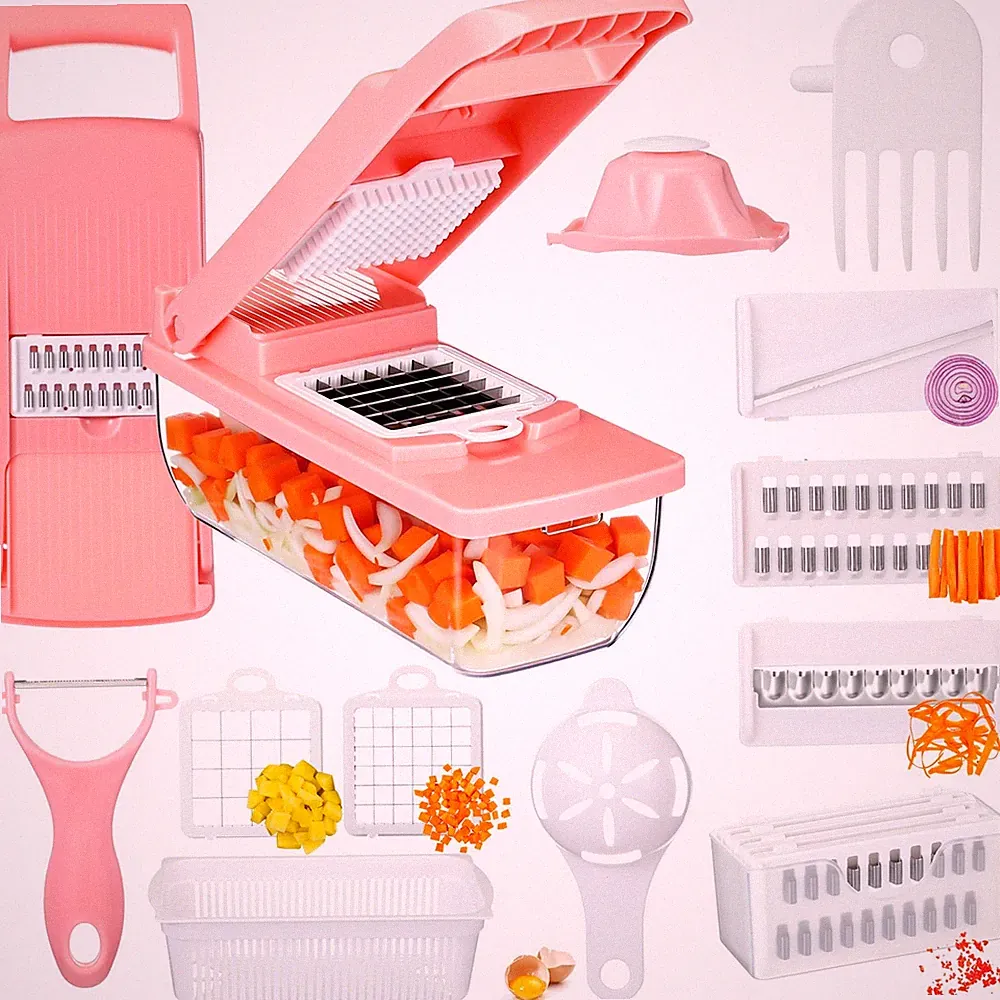 Pink Vegetable Chopper 16-in-1 Heavy Duty Food Chopper with Container Kitchen...