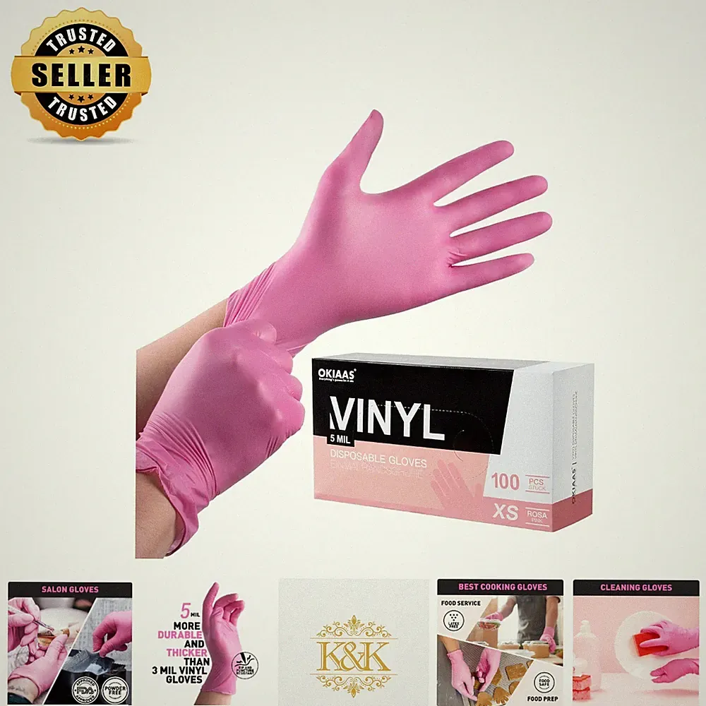Pink Vinyl Gloves 5 Mil, Food Safe & Waterproof, Ideal for Cooking and Hair Dye