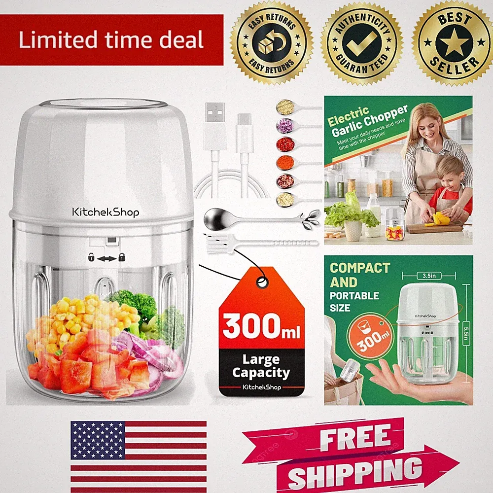 Portable 300ML Electric Garlic Chopper - Cordless & Rechargeable Food Processor