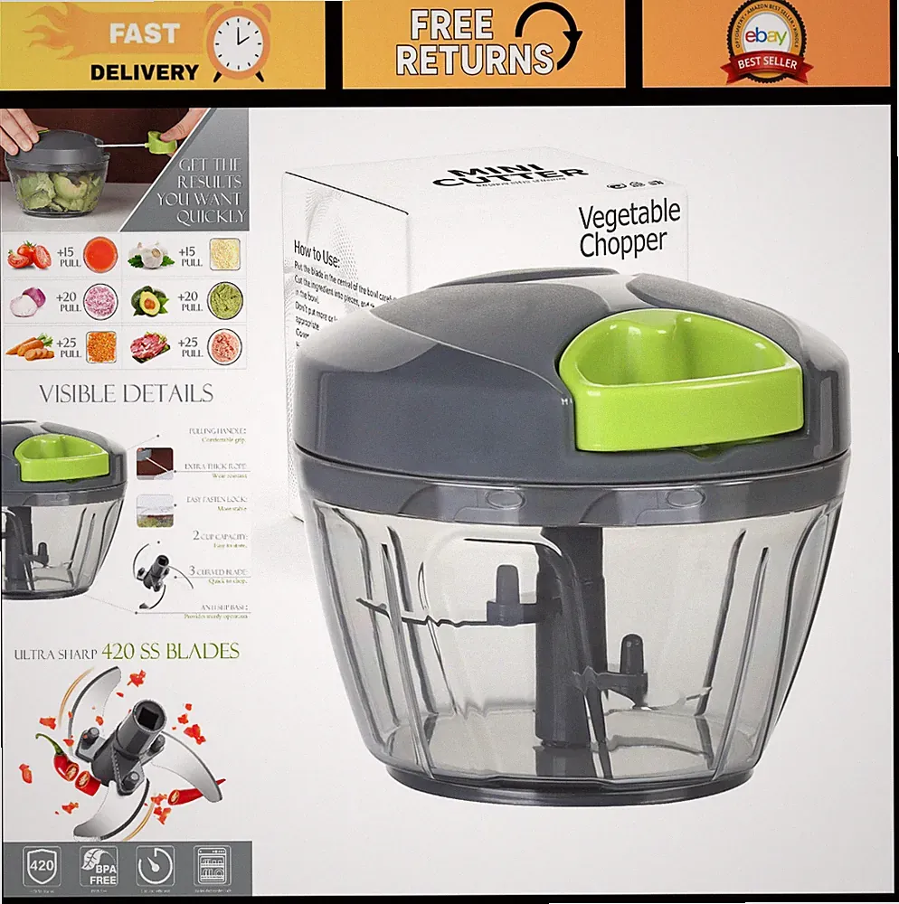 Portable Manual Food Processor - Hand Pull String Vegetable Chopper, 500ml, Grey