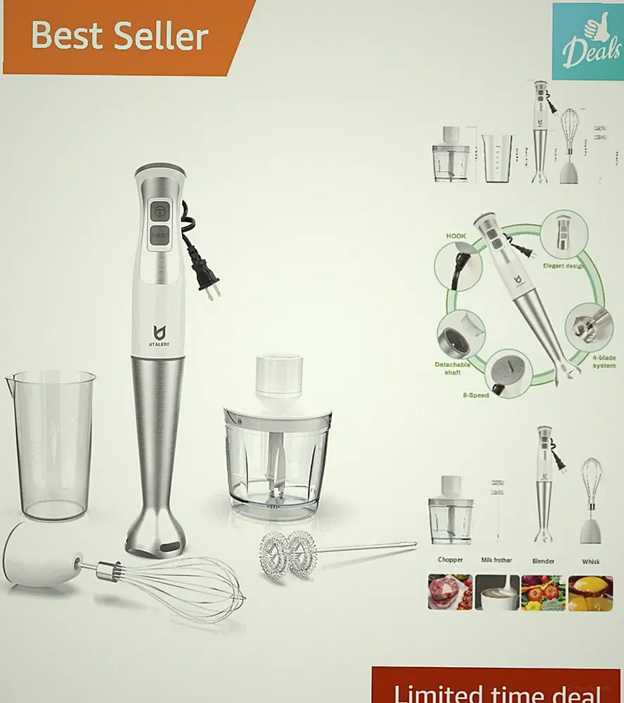 Powerful 300W Immersion Blender - 8-Speed with Attachments for Smooth Blending