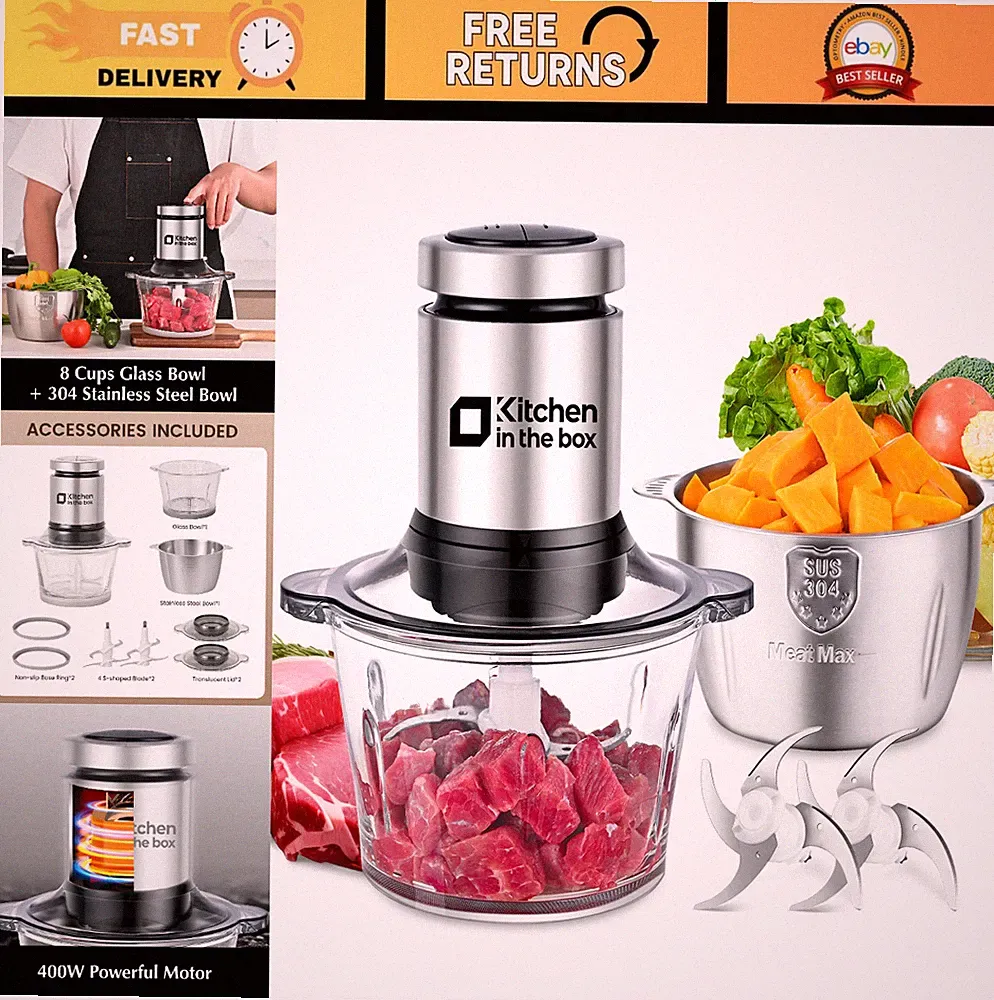 Powerful 400W Food Processor & Electric Meat Grinder, 2 Bowls, Bi-Level Blades