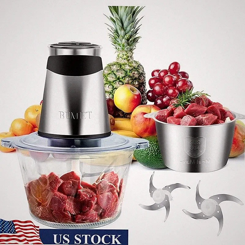 Powerful 500W Food Processor Meat Grinder W/ Glass Bowl & Stainless Steel Bowl