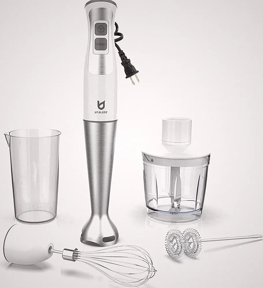 Powerful 8-Speed Immersion Blender Set with Food Grinder and Egg Whisk - White