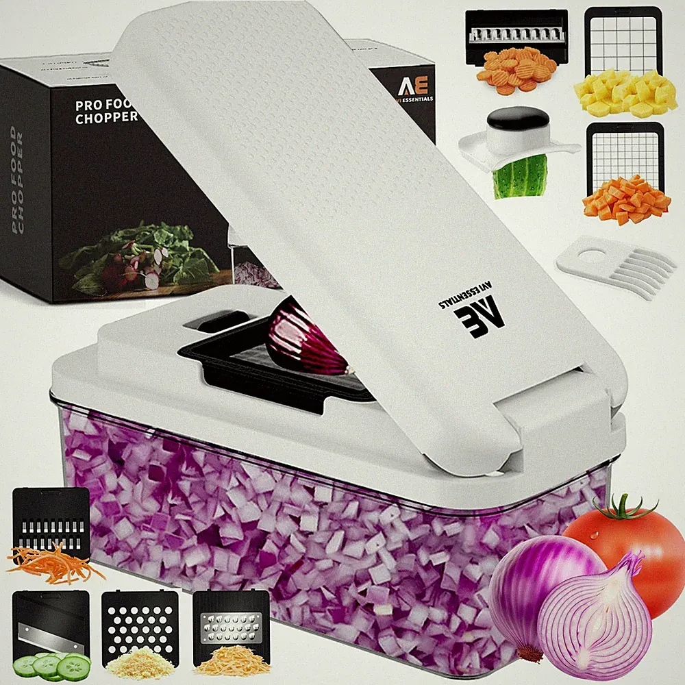 Pro Food Chopper - Premium 9 in 1 Vegetable Chopper with 7 Interchangeable Bl...