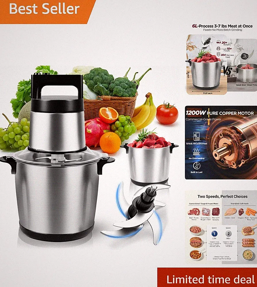 Professional 12-in-1 Meat Grinder & Food Chopper - 1200W Stainless Steel Power