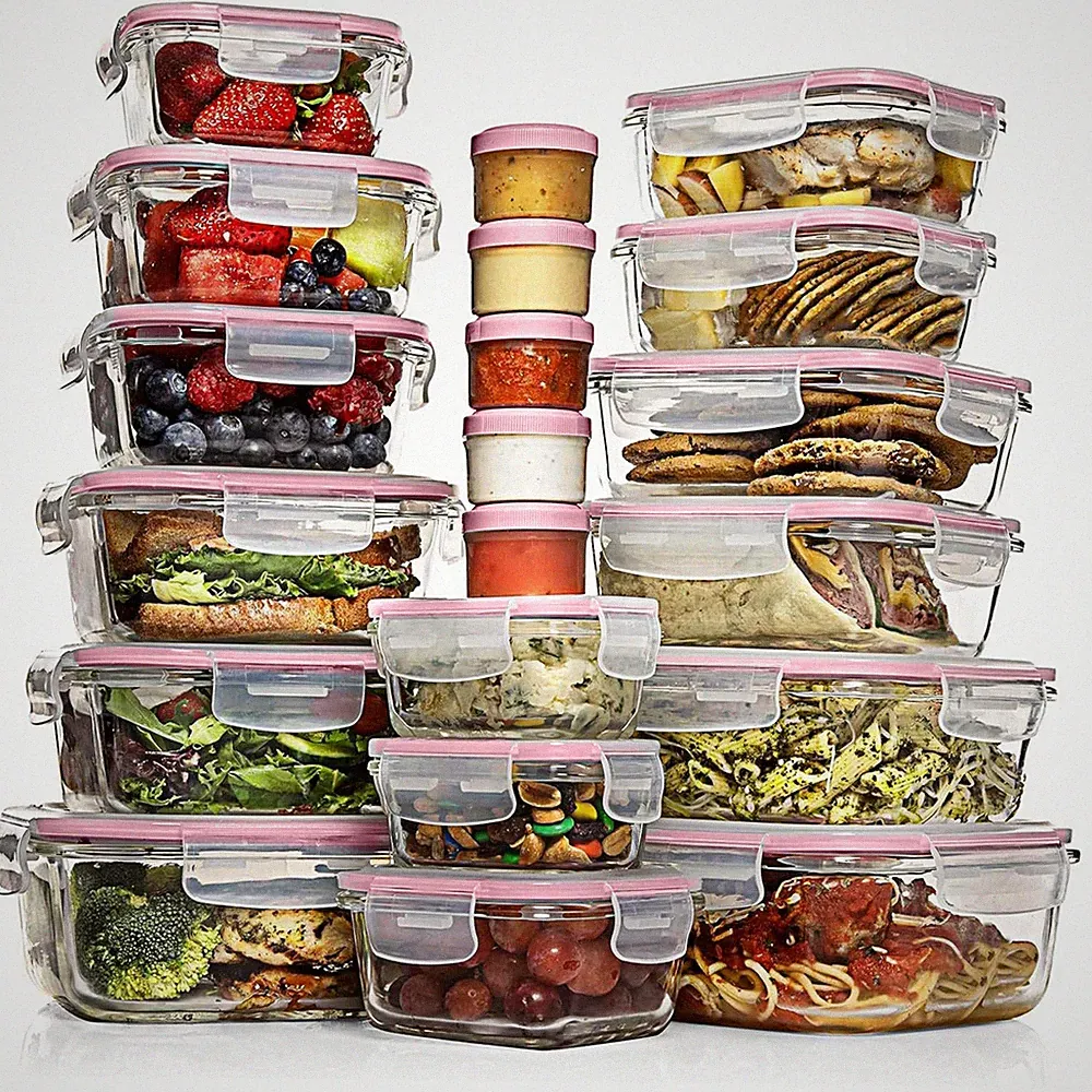 Razab 35 Pc Set Glass Food Storage Containers with Lids - Meal Prep 35, Pink