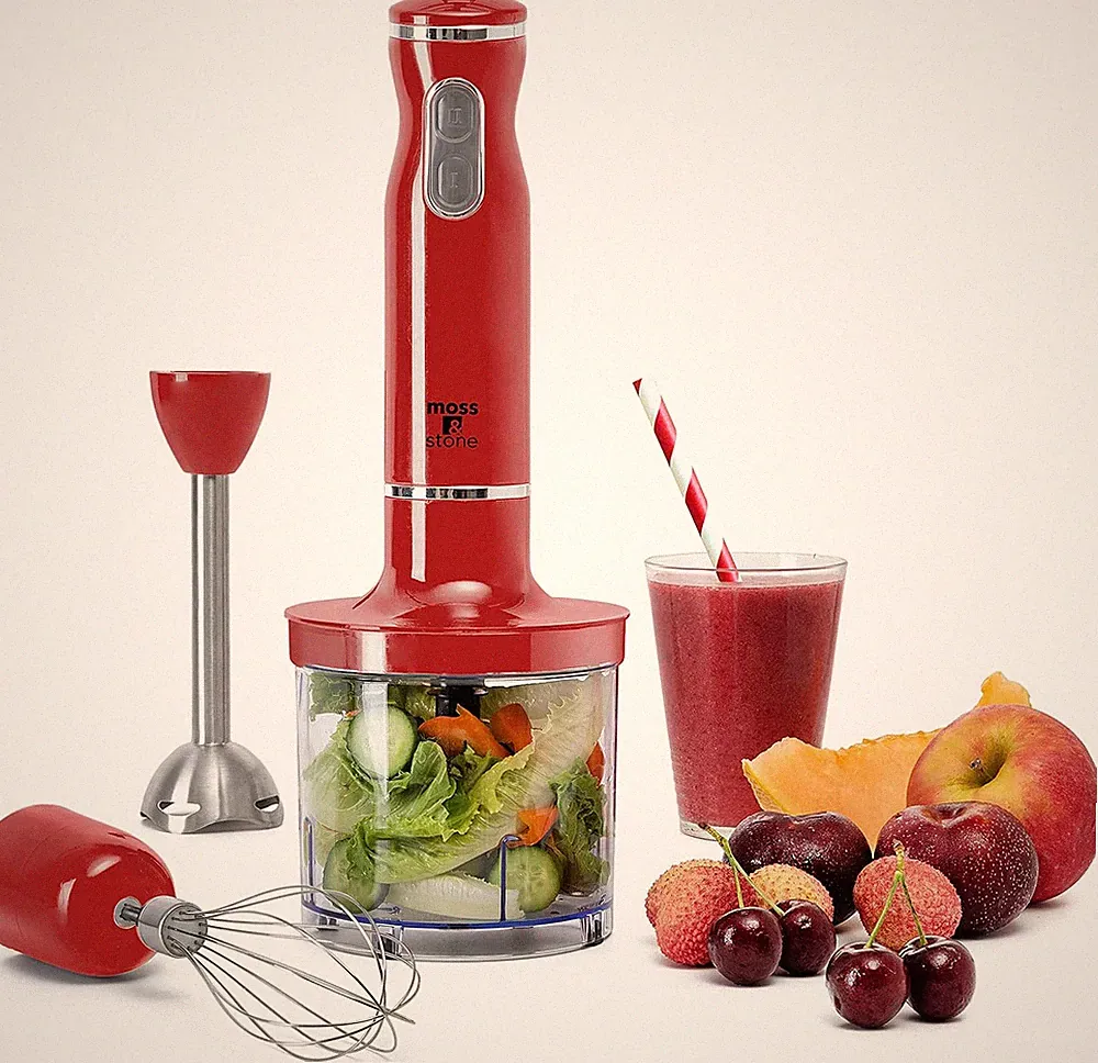 Red Hand Blender Electric with Egg Whisk & Chopper, Powerful 300 Watt Immersion