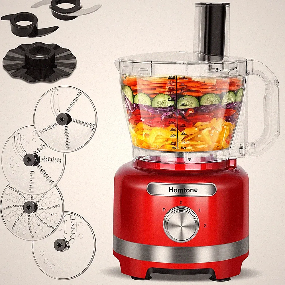 Red Homtone Food Processor 9-in-1 Shredding Slicing Kneading Dough