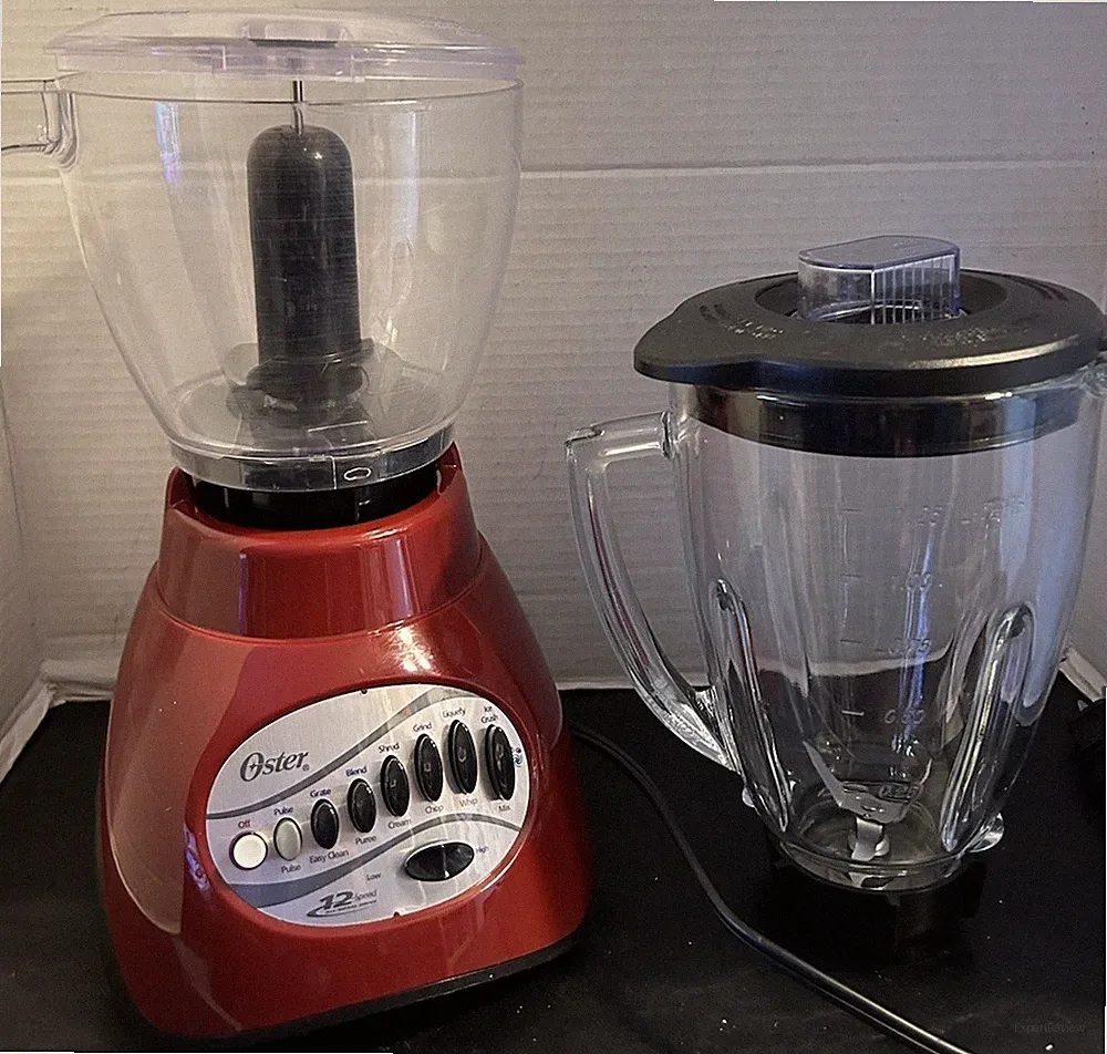 Red Oster 12 Speed Blender Glass Jar Plus Plastic Food Processor All Metal Drive
