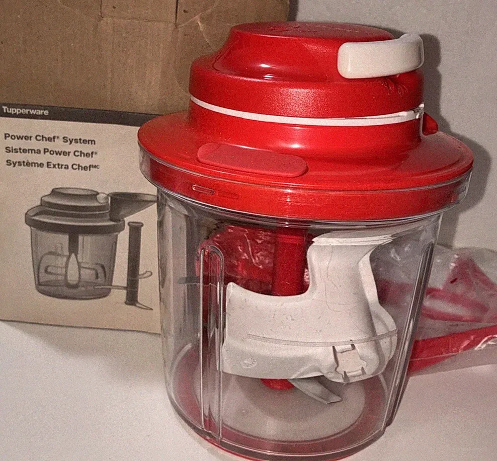 Red & White Tupperware Power Chef System Food Processor With Attachments In Box