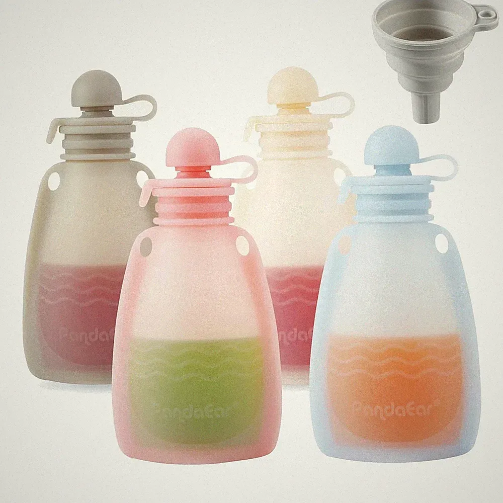 Reusable Silicone Baby Food Pouches, 4 Pack Squeeze Pouches for Toddler Kids, Bp