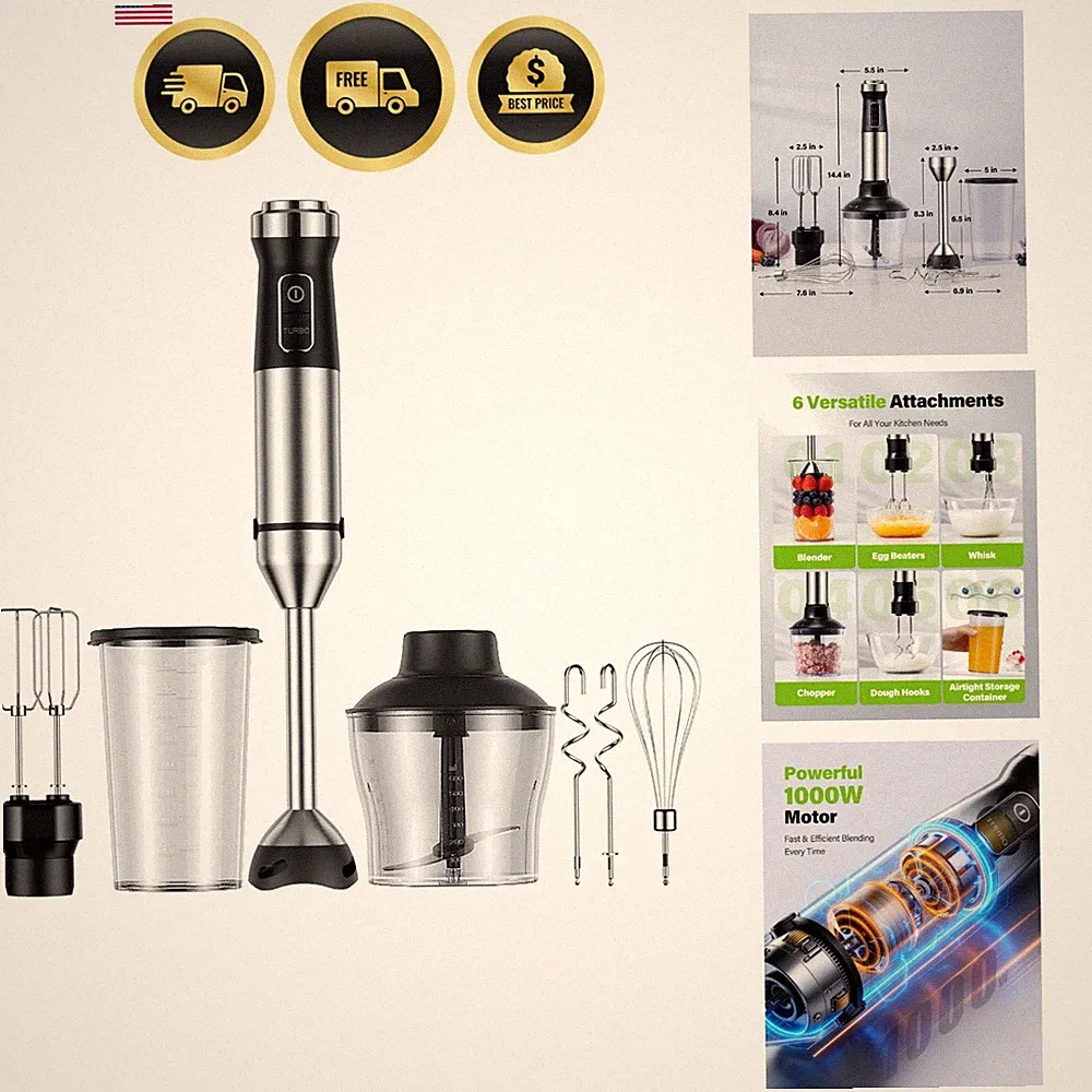 Scratch-Resistant 1000W Immersion Blender - 6 Attachments for All Cooking Needs