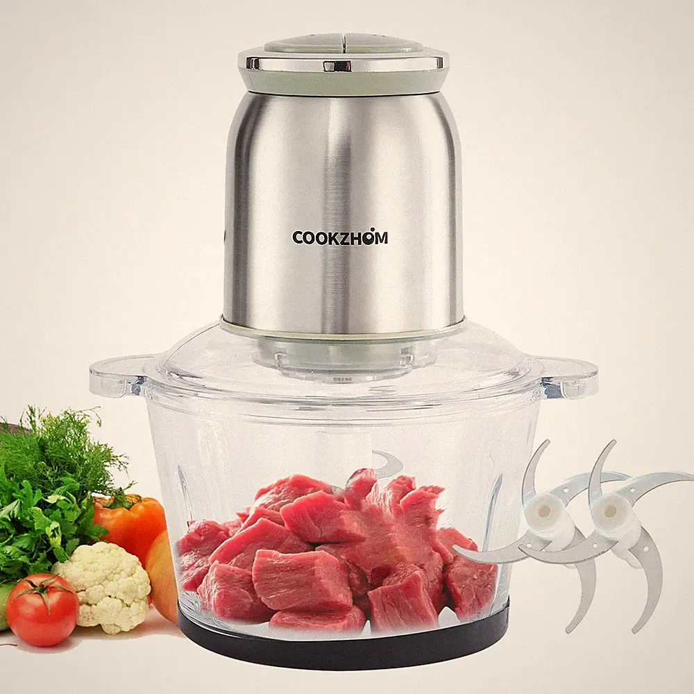 Silver Food Processor,500W Electric Meat Grinder with 8 Cup Glass Bowl and 4...