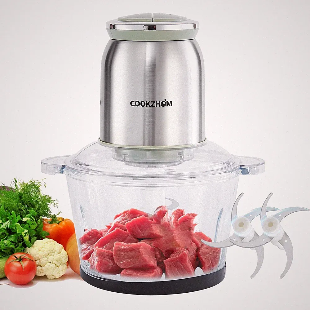 Silver Food Processor,500W Meat Grinder with 8 Cup Glass Bowl and 4 Sharp Bla...