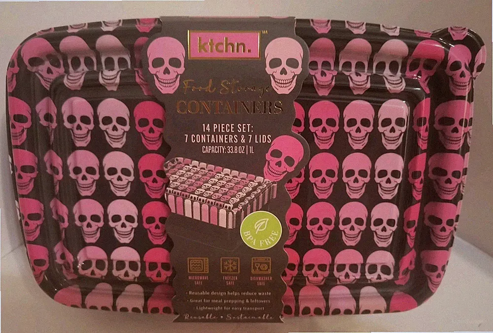 SKULLS Pink & Black 14 Piece Meal Prep Food Storage Containers BPA Free 🆕🆓Ship