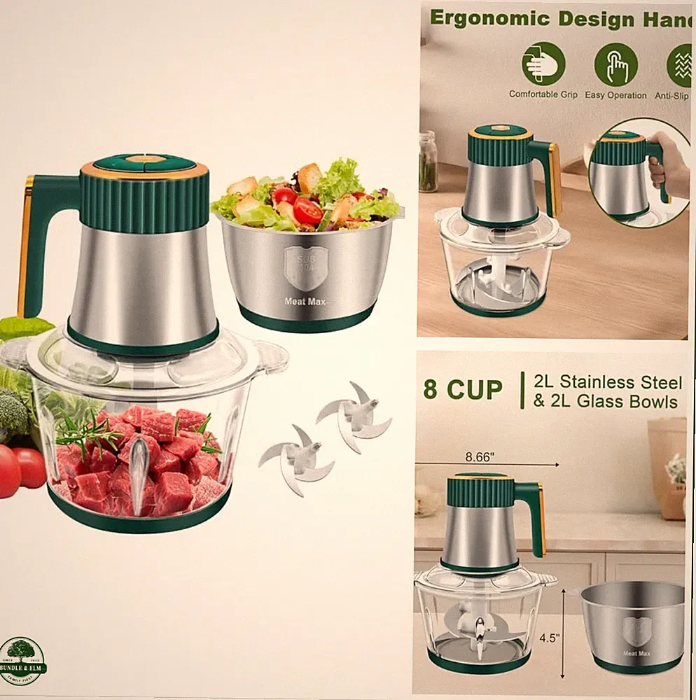 Small Food Processor 300W 5-Speed 8 Cup Capacity Electric Chopper Green