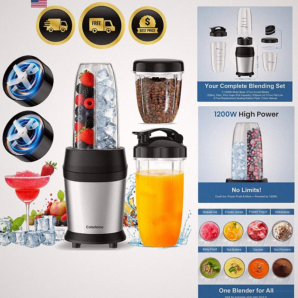 Smoothie Blender Maker Portable Ice Crushing 3 Cups 1200W Stainless Steel Blades
