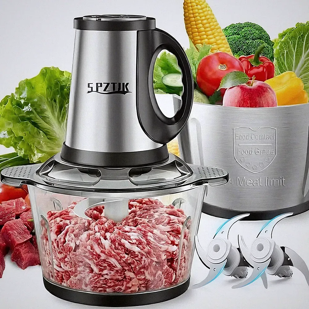SPZTJK 3-Speed Electric Food Processor: Meat 8 Cup(2L) + 8 Cup(2L), black