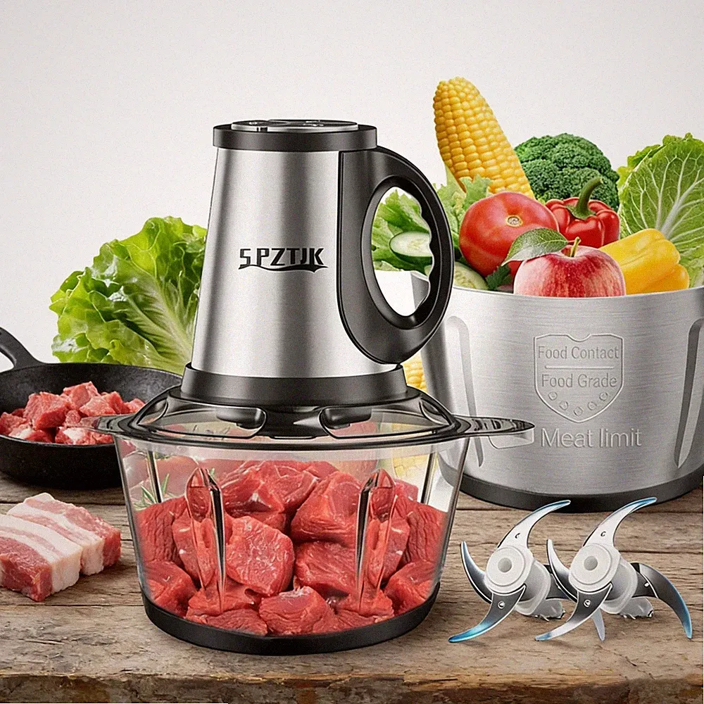 SPZTJK Electric Food Processor 2L Chopper Meat Grinder 4 Sharp Blades 2 Speed