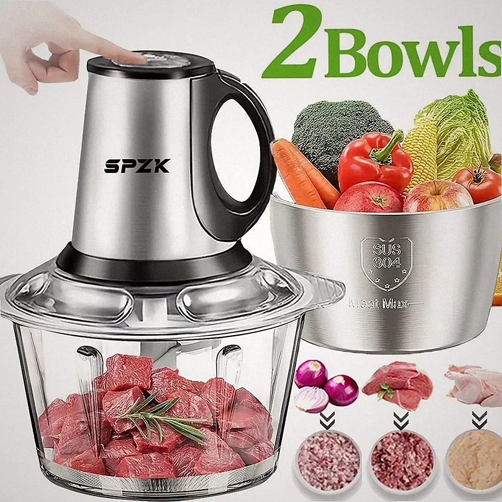 SPZTJK Electric Food Processor 2L Meat Grinder 2 Bowls 2-Speed Veggie Chopper