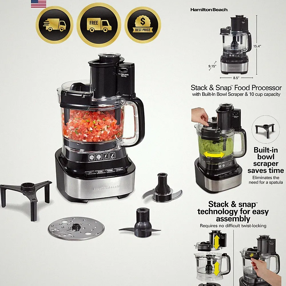 Stack & Snap Food Processor with Bowl Scraper, 10 Cup Capacity, Black, Renewed