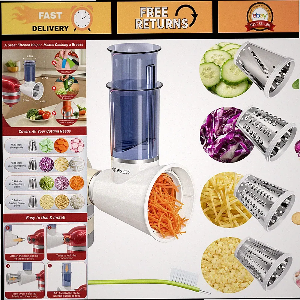 Stainless Steel Food Slicer Shredder Attachment for Stand Mixer - 4 Blade Cheese