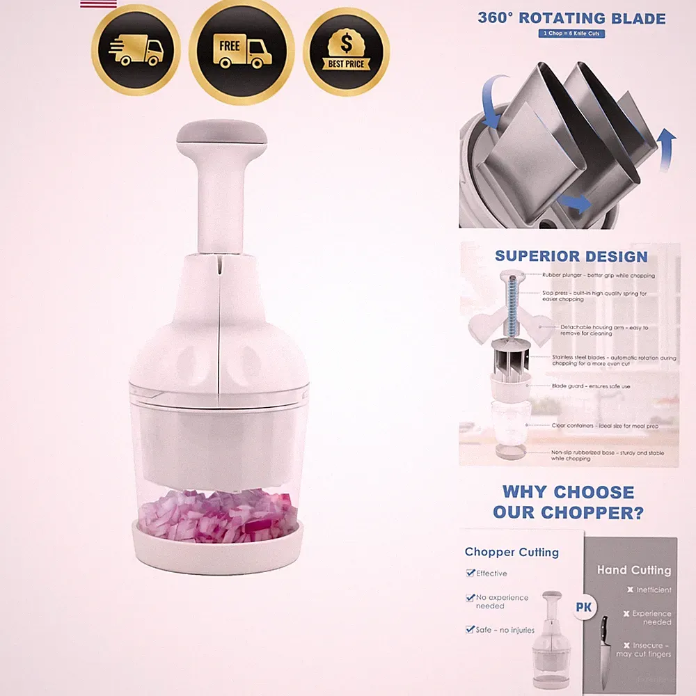 Stainless Steel Manual Chopper - Ideal for Garlic, Onions & Nuts - Easy to Clean