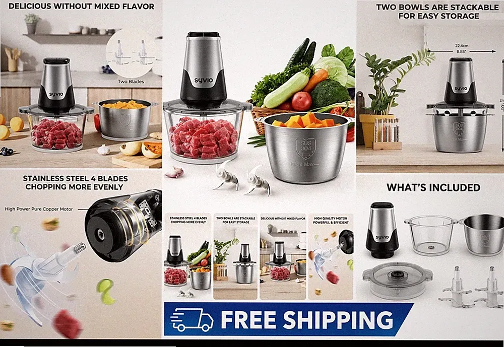 Syvio SC10 Food Processor 2 Bowls Meat Grinder Vegatable Chopper