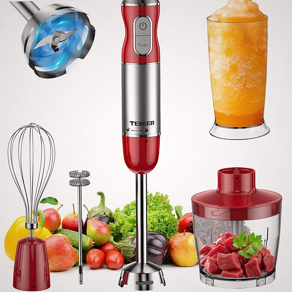 TENKER 1000W 5-in-1 Hand Immersion Blender 12 Speed Eletric Handheld Blender Red
