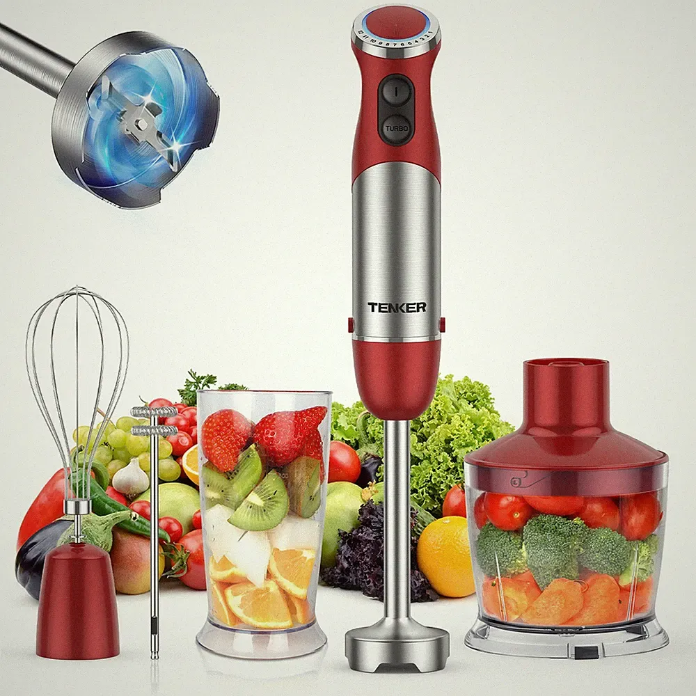 TENKER 5-in-1 1000W Hand Immersion Blender 12Speed Handheld Blender BPA-Free Red
