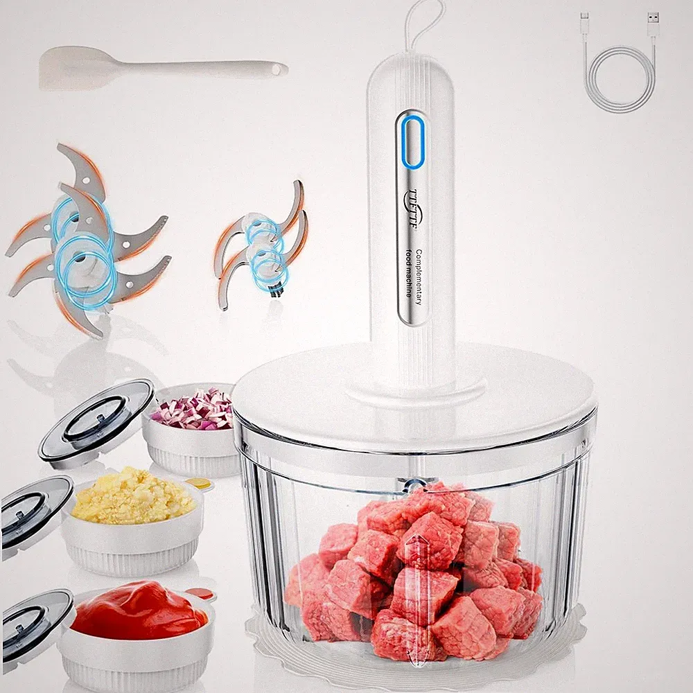 TTFTTF Glass Food Processor with 4 Blades & 4 Bowls (8 8 cups+4 blades, white