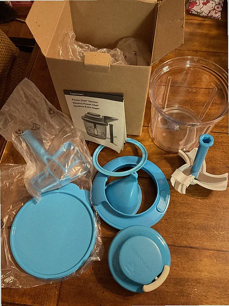 Tupperware Power Chef System Food Processor/Chopper Mix, Chop, Whisk, Blue, New