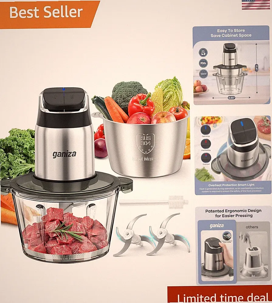 Versatile 8-Cup Stainless Steel Food Processor with Smart Overheat Protection