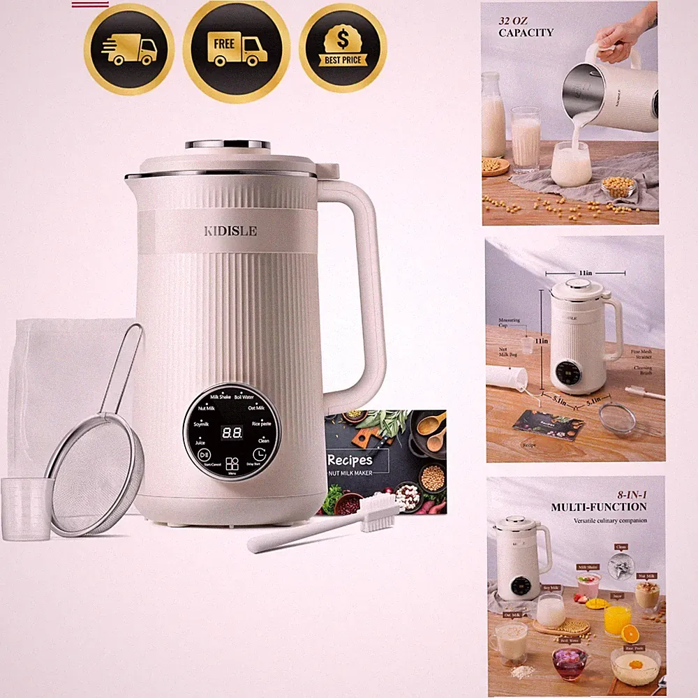 Versatile 8-in-1 Nut Milk Maker: 32oz Automatic Blender for Plant-Based Drinks