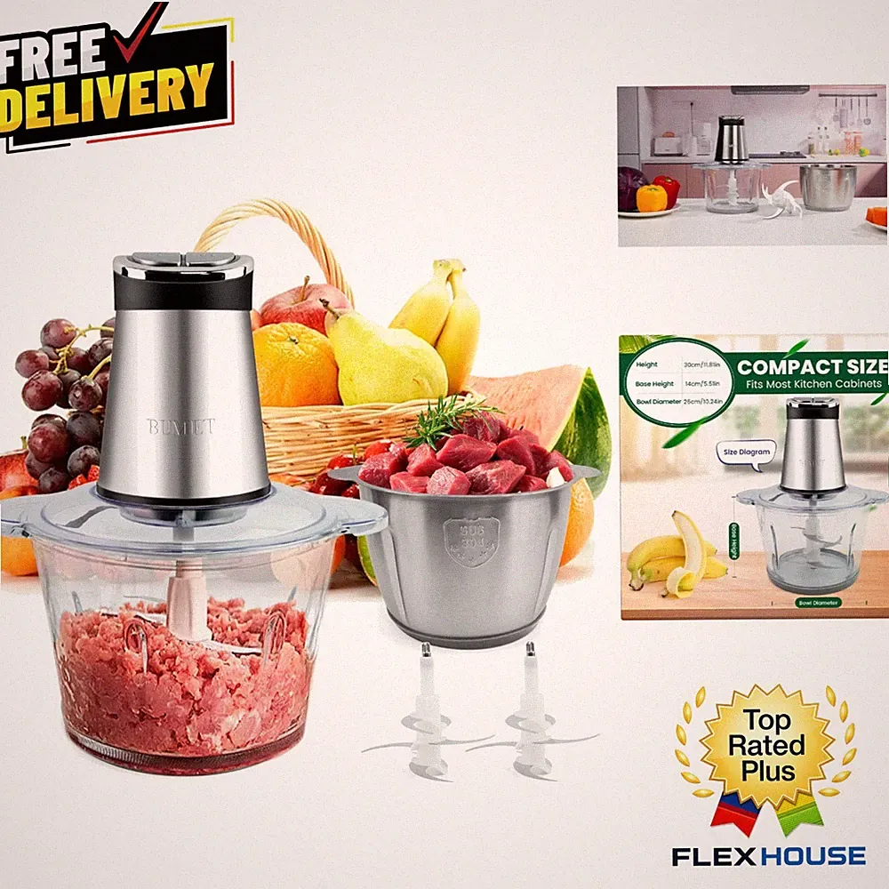 Versatile 800W Food Chopper with Stainless Steel Bowls & Safety Lock Feature