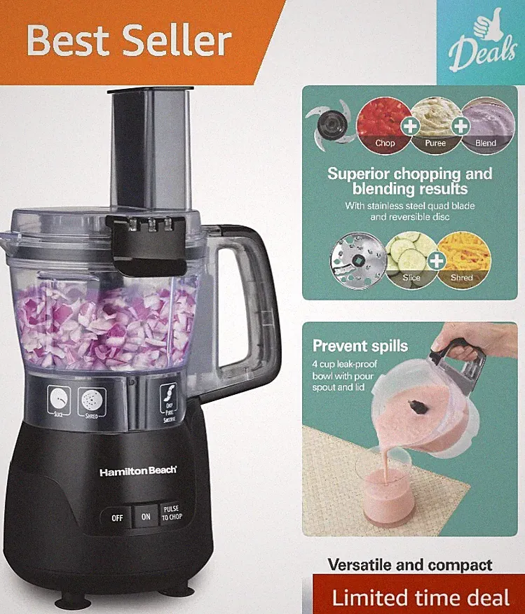 Versatile & Compact 4-Cup Food Processor - Slicing, Shredding, Puree - 250 Watts