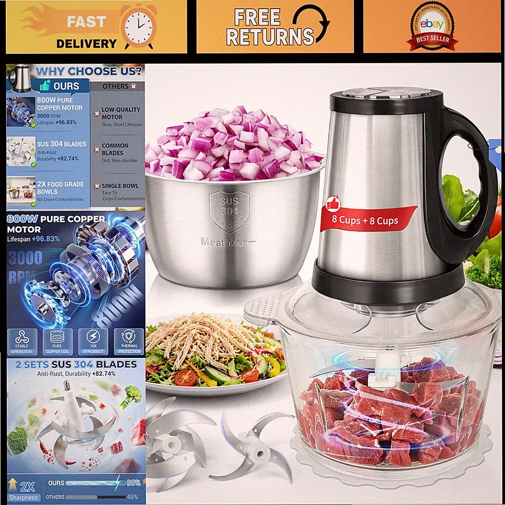 Versatile Food Processor 2 Bowls 16 Cups Total, 800W Chopper & Meat Grinder