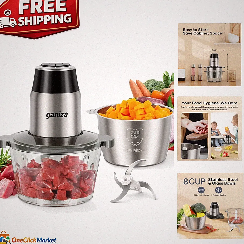 Versatile Food Processor with 2 Stainless Steel Bowls & Powerful Grinder, 450W