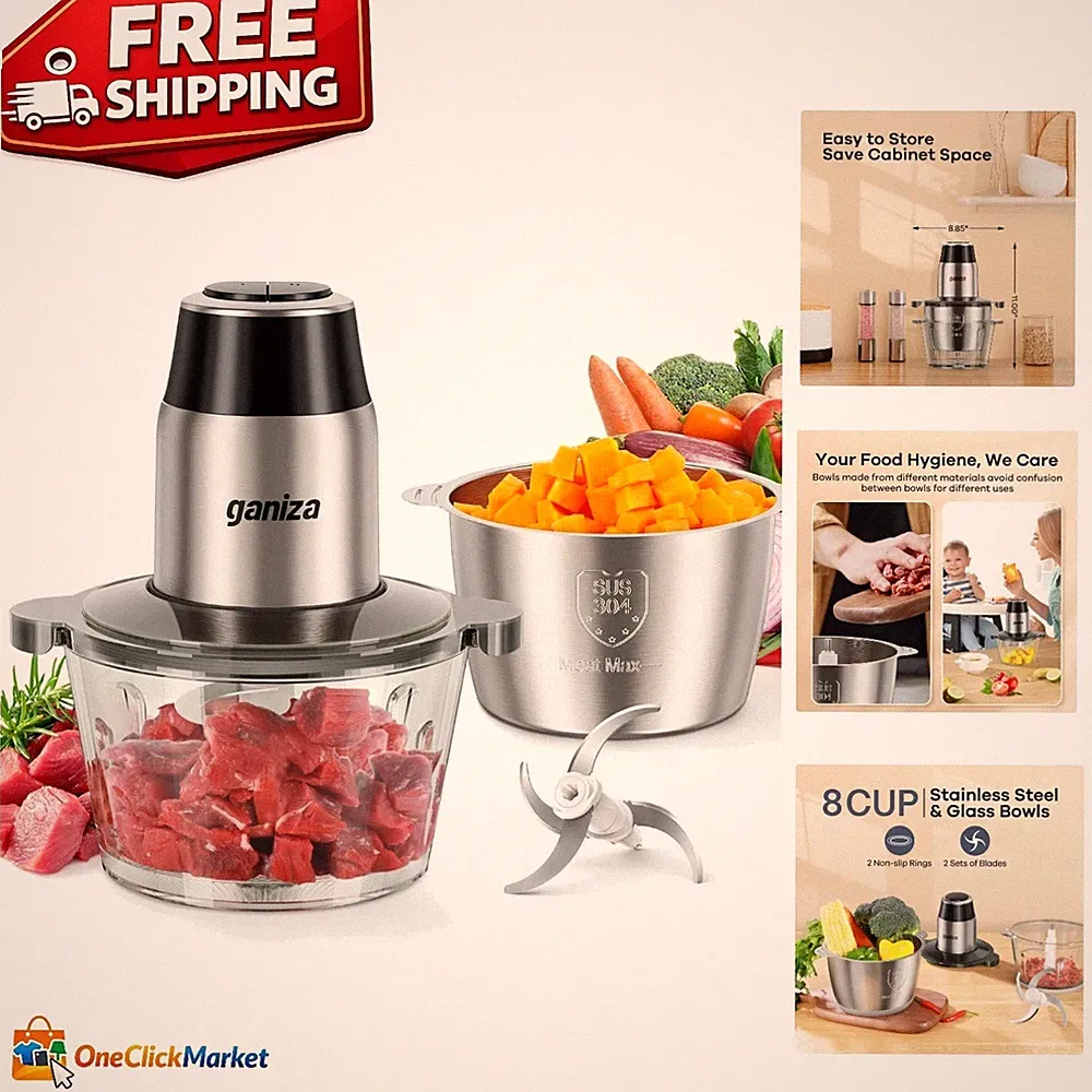 Versatile Food Processor with 2 Stainless Steel Bowls & Powerful Grinder, 450W