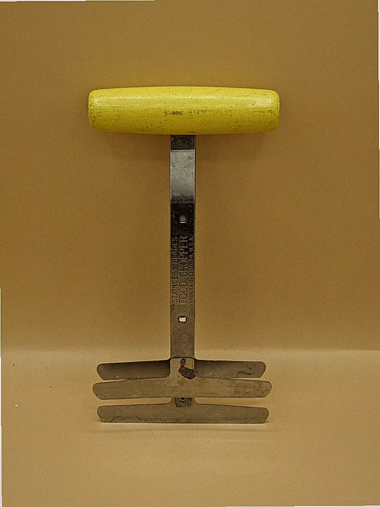 Vintage Food Chopper Spring Loaded 3-Blade Manual Stainless Yellow Handle USA