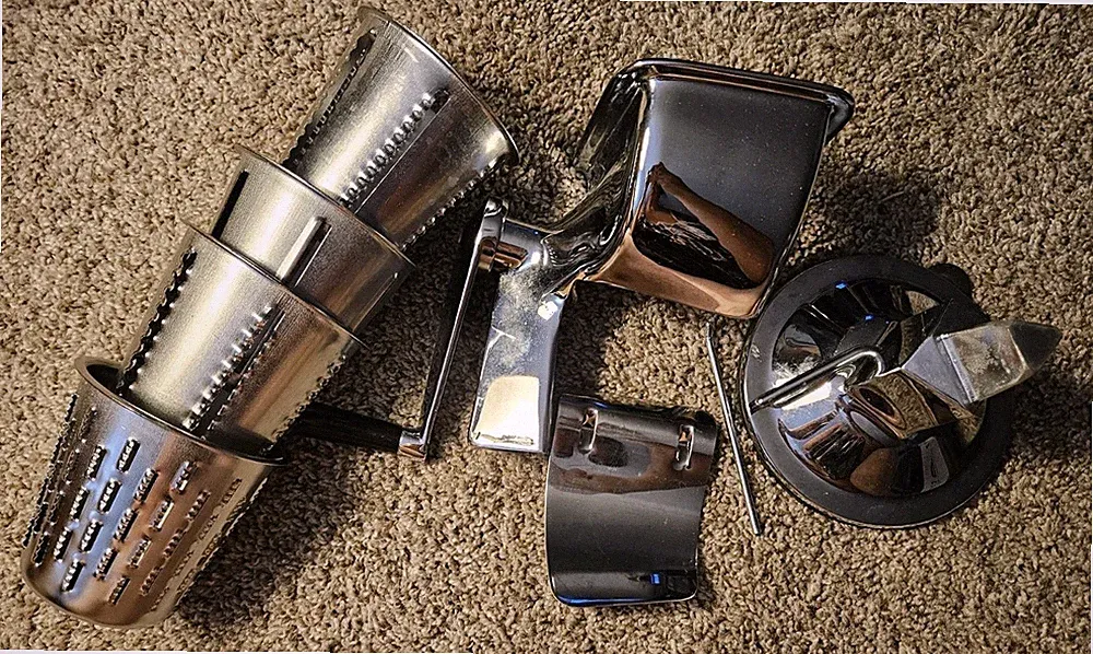 Vintage Hand Crank Food Processor Shredder With Set Of 4 Cones And Suction Base