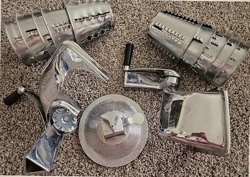 Vintage Hand Crank Food Processor With Two Sets Of 5 Cones And Suction Base